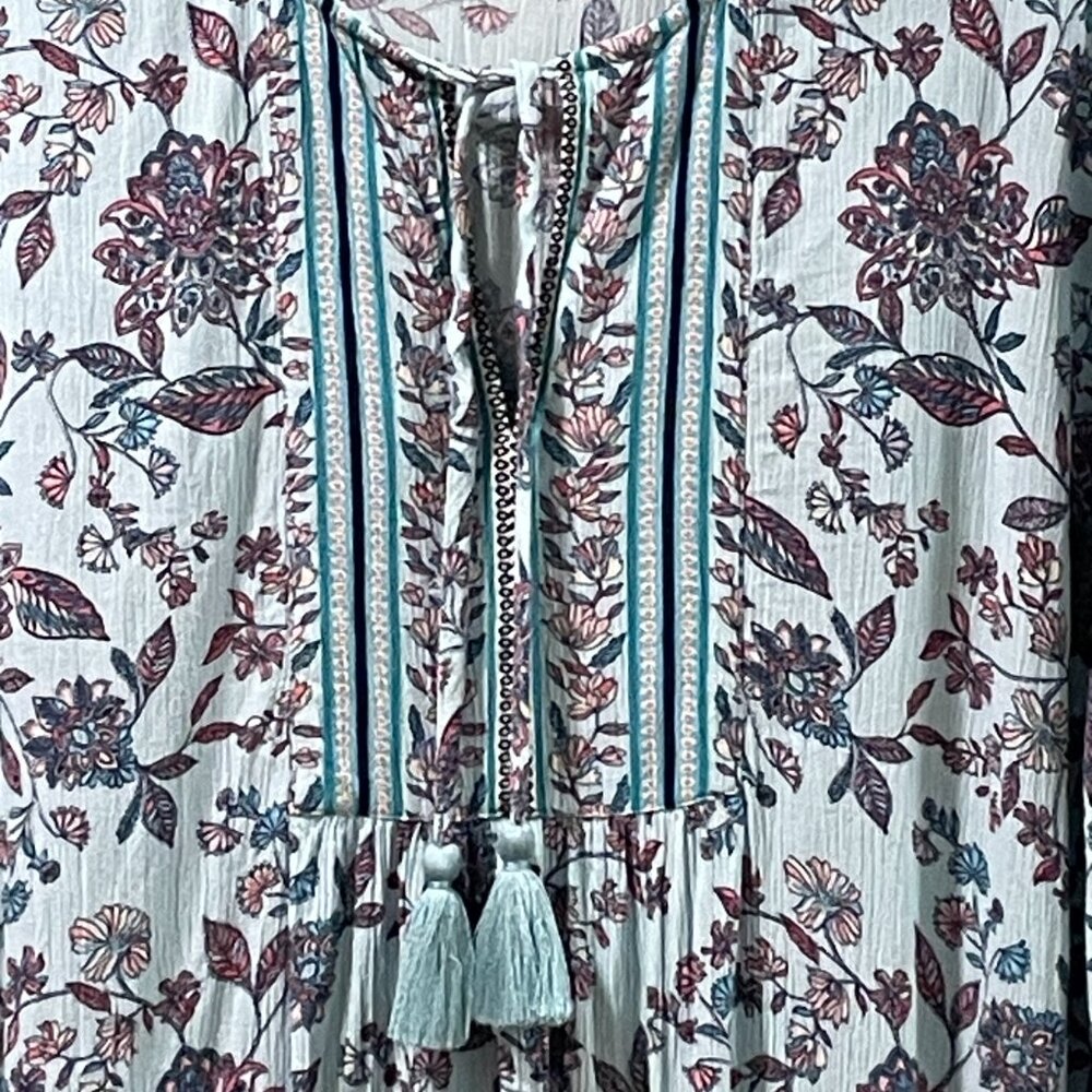 J. JILL Boho Floral Peasant Blouse 3/4 Sleeve Tassel Tie V-Neck Aqua/Pink XL - Picture 4 of 11